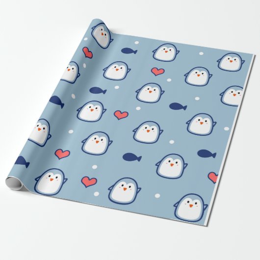 かわいい青いペンギンのパターン ラッピングペーパー (アンロールド)