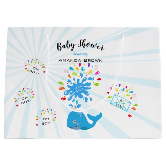 かわいい青いホエーカラフルル少年の赤ちゃんシャワー（郵便） ラージペーパーバッグ (正面)