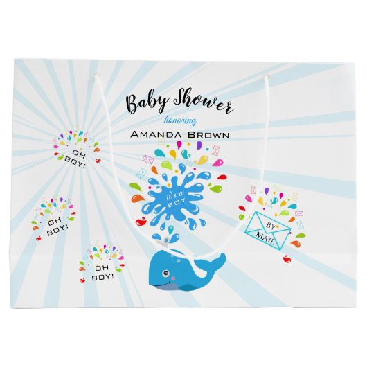 かわいい青いホエーカラフルル少年の赤ちゃんシャワー(郵便) ラージペーパーバッグ (裏面)