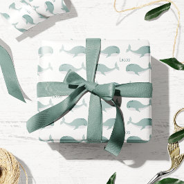 かわいい青いホエーパーソナライズされたルと名前リトルキッド ラッピングペーパー