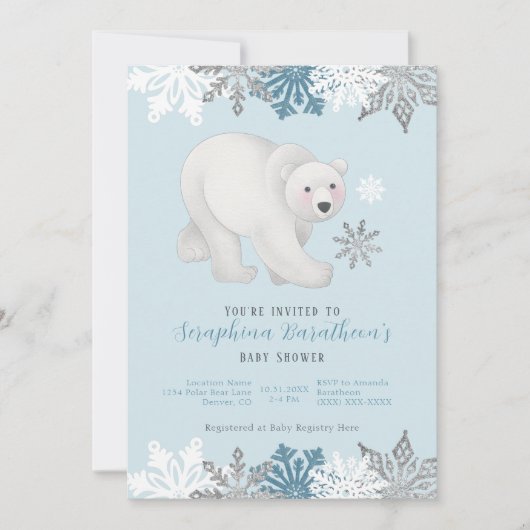 かわいい青いホッキョクグマのベビーシャワー 招待状 (正面)