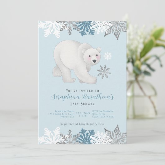 かわいい青いホッキョクグマのベビーシャワー 招待状 (スタンド正面)