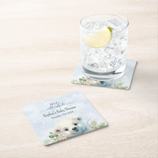 かわいい青いホッキョクグマ冬の赤ちゃんシャワー スクエアペーパーコースター (インサイチュ)