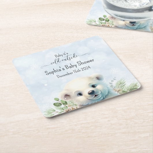 かわいい青いホッキョクグマ冬の赤ちゃんシャワー スクエアペーパーコースター (アングル)