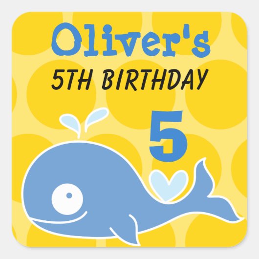 かわいい青いマンガのホエールキッドの誕生日パーティーのお願い スクエアシール (正面)
