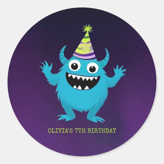 かわいい青いモンスターの誕生日パーティー ラウンドシール (正面)