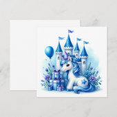 かわいい青いユニコーンとおとぎの城 招待状 (正面/裏面)