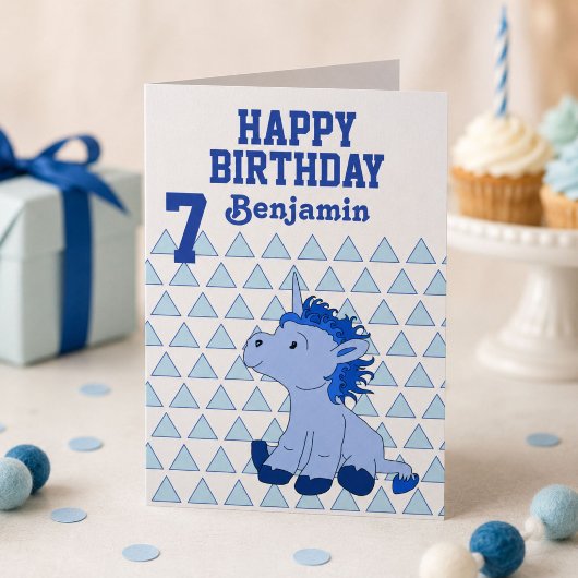 かわいい青いユニコーンの三角パターンの誕生日カード