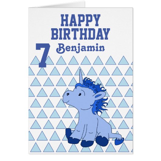 かわいい青いユニコーンの三角パターン誕生日カード (正面)