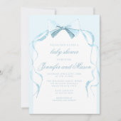 かわいい青いリボンのボホ ベイビーボーイ シャワー 招待状 (正面)