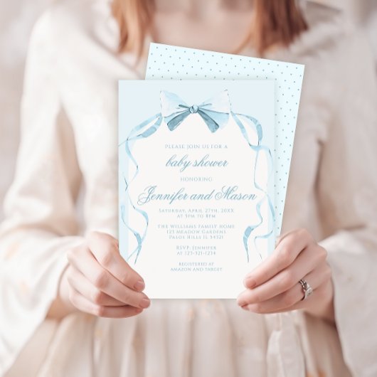 かわいい青いリボンのボホ ベイビーボーイ シャワー 招待状