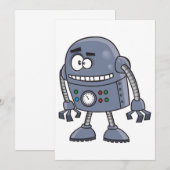 かわいい青いレトロなロボットキャラクター 招待状 (正面/裏面)