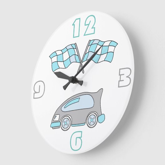 かわいい青いレースカーとレース旗の男の子 ラージ壁時計 (傾斜)