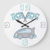 かわいい青いレースカーとレース旗の男の子 ラージ壁時計 (正面)