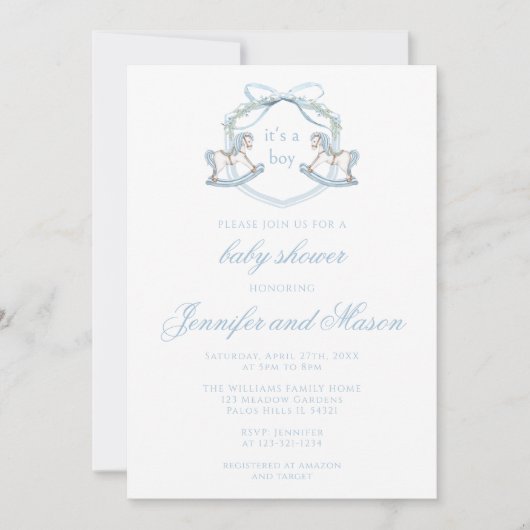かわいい青いロッキングホースクラシック男の赤ちゃんシャワー 招待状 (正面)