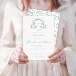 かわいい青いロッキングホースクラシック男の赤ちゃんシャワー 招待状