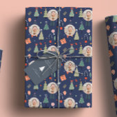 かわいい青い写真のおもしろいクリスマス ラッピングペーパー