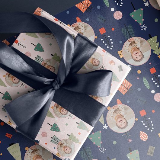 かわいい青い写真のおもしろいクリスマス ラッピングペーパー