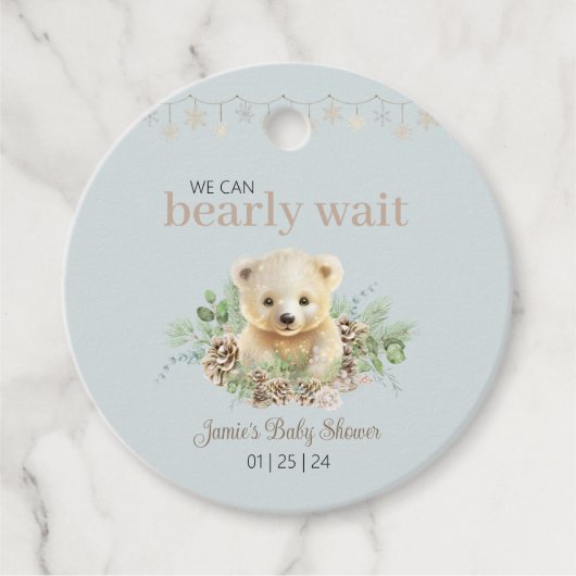 かわいい青い冬の赤ちゃんシャワー私たちは心から待つことができる フェイバータグ (正面)