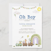 かわいい青い列車旅行男の子ベビーシャワー 招待状 (正面)