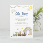 かわいい青い列車旅行男の子ベビーシャワー 招待状 (スタンド正面)