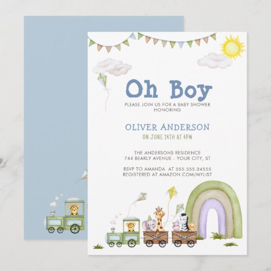 かわいい青い列車旅行男の子ベビーシャワー 招待状 (正面/裏面)