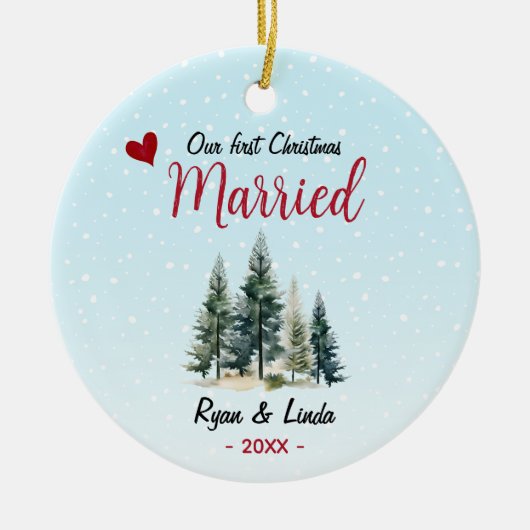 かわいい青い初めてのクリスマス結婚したの緑の木 セラミックオーナメント (正面)