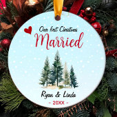かわいい青い初めてのクリスマス結婚したの緑の木 セラミックオーナメント