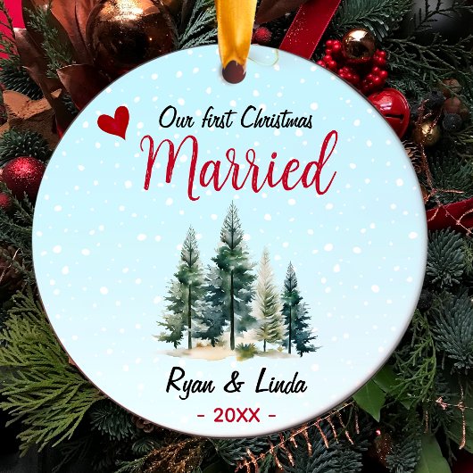 かわいい青い初めてのクリスマス結婚したの緑の木 セラミックオーナメント