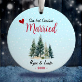 かわいい青い初めてのクリスマス結婚したの緑の木 セラミックオーナメント