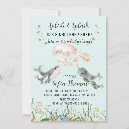 かわいい青い動物たち – 海の赤ちゃんシャワー 招待状 (正面)