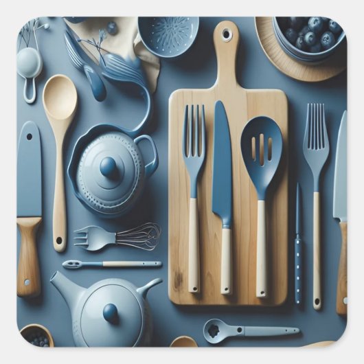 かわいい青い台所用品の美的壁紙 スクエアシール (正面)