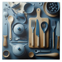 かわいい青い台所用品の美的壁紙