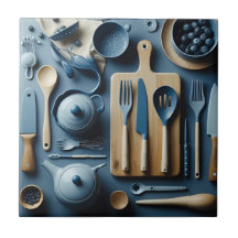 かわいい青い台所用品の美的壁紙