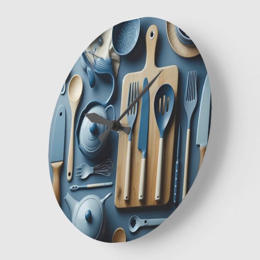 かわいい青い台所用品の美的壁紙 ラージ壁時計 (傾斜)