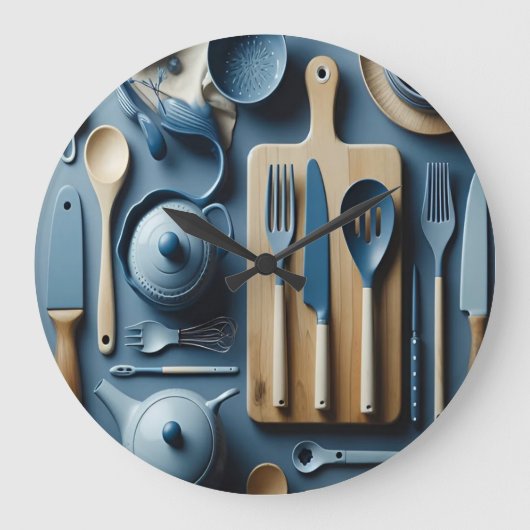 かわいい青い台所用品の美的壁紙 ラージ壁時計 (正面)