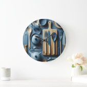 かわいい青い台所用品の美的壁紙 ラージ壁時計 (ホーム)