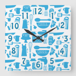 かわいい青い台所用品料理ツールパターンアート スクエア壁時計