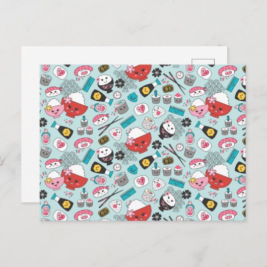 かわいい青い和風寿司 ポストカード (正面/裏面)