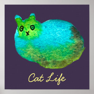 かわいい青い太った猫のアートイラストレーション ポスター