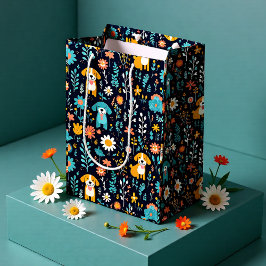 かわいい青い子犬の花 ミディアムペーパーバッグ