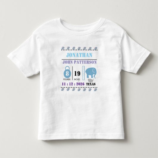 かわいい青い子象の誕生お知らせ トドラーTシャツ (正面)