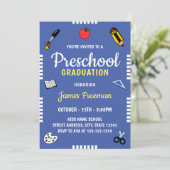 かわいい青い学校が幼稚園の卒業を提供 招待状 (スタンド正面)