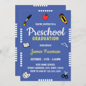 かわいい青い学校が幼稚園の卒業を提供 招待状 (正面/裏面)