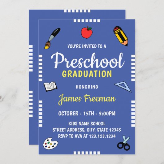 かわいい青い学校が幼稚園の卒業を提供 招待状 (正面/裏面)