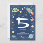 かわいい青い宇宙エイリアンモンスター男子の誕生日 招待状 (正面)