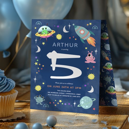 かわいい青い宇宙エイリアンモンスター男子の誕生日 招待状