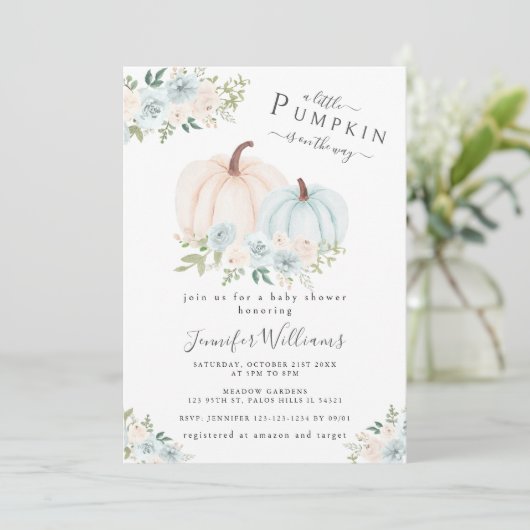 かわいい青い小さなカボチャの花の男の子ベビーシャワー 招待状 (スタンド正面)