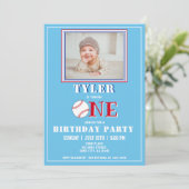 かわいい青い少年野球の写真1歳の誕生日 招待状 (スタンド正面)