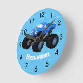 かわいい青い怪物トラックの漫画イラストレーション ラウンド壁時計 (傾斜)